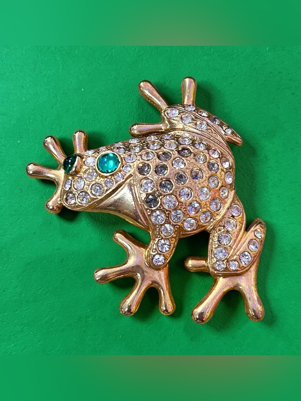 Figural Frog Brooch Pave Rhinestones Gold-tone Green Eyes